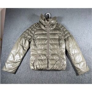 Guess Womens Metallic Olive Green Quilted Puffer Jacket Funnel Neck Gold Zip